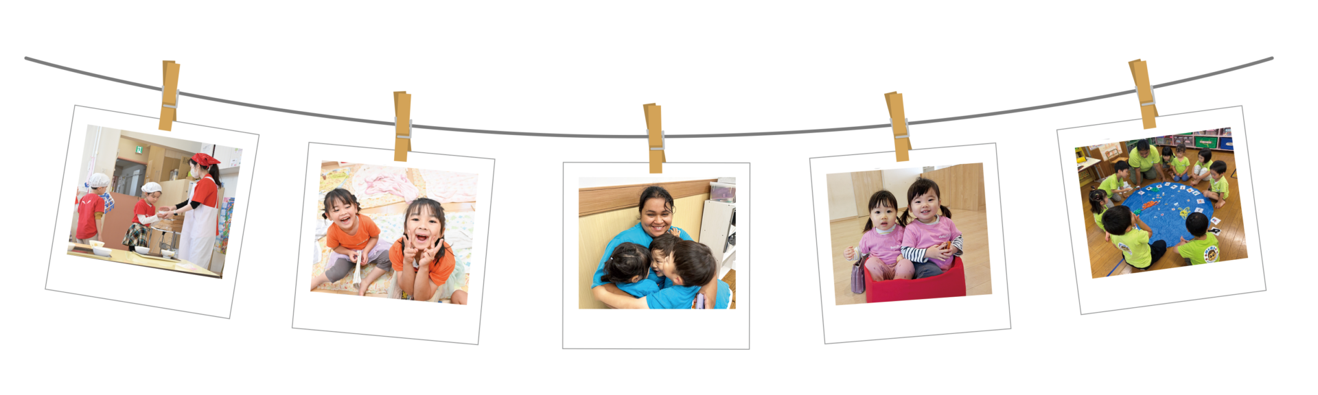 保育士と一緒に活動したり、笑顔でピースをする園児たち