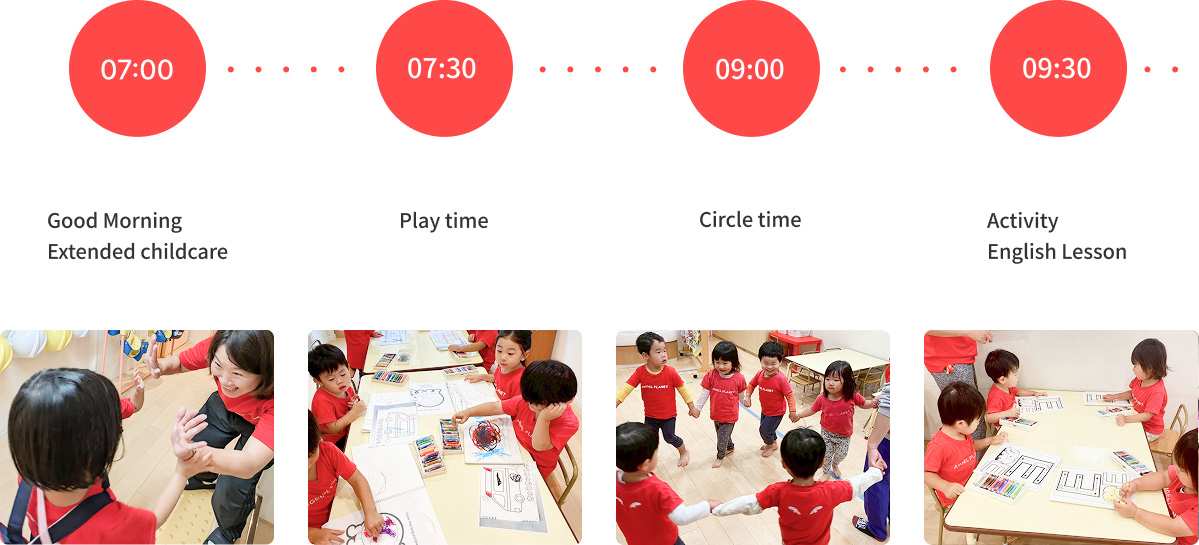 Morning activities at our nursery, including circle time and English lessons