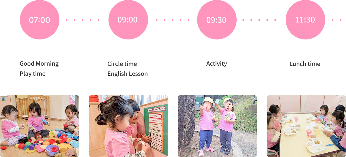 Morning routine at our nursery, including circle time, English lessons, and lunch time