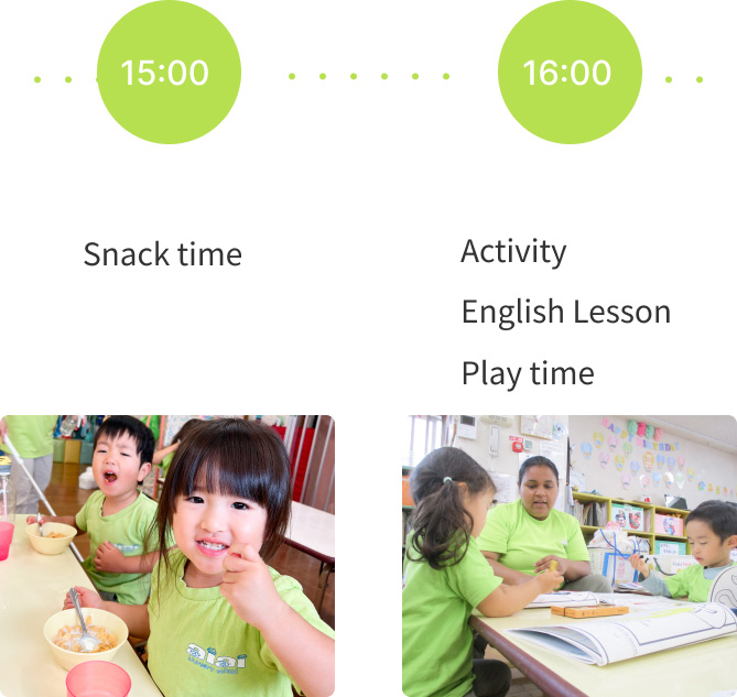 Afternoon snack and activities at our nursery, including English lessons and play time