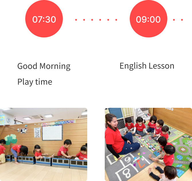 Morning activities at our nursery, including play time and English lessons
