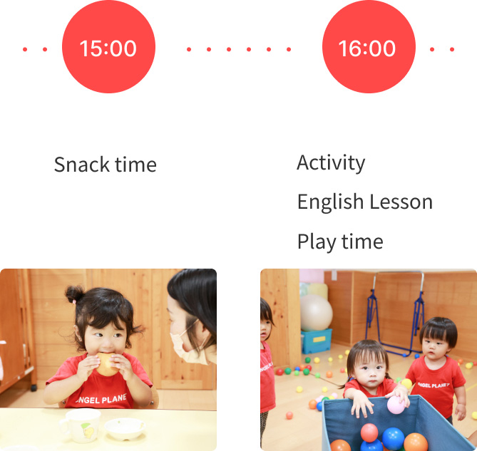 Afternoon snack and activities at our nursery, including English lessons and play time