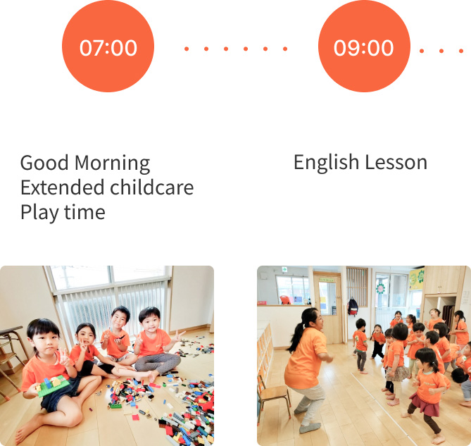 Morning activities at our nursery, including early childcare and English lessons