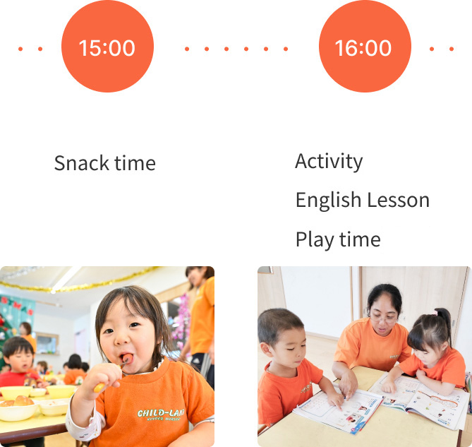Afternoon snack and activities at our nursery, including English lessons and play time