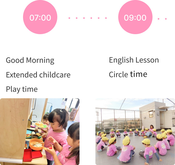 Morning activities at our nursery, including early childcare, circle time, and English lessons