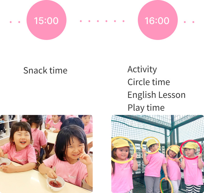 Afternoon snack and activities at our nursery, including circle time and English lessons