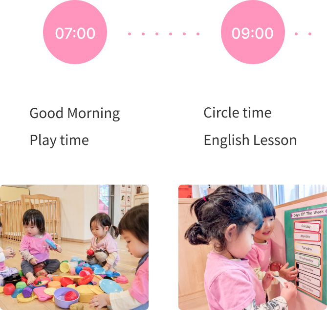 Morning activities at our nursery, including circle time and English lessons