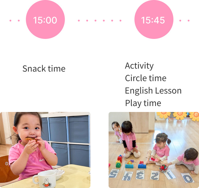 Afternoon snack and activities at our nursery, including circle time and English lessons