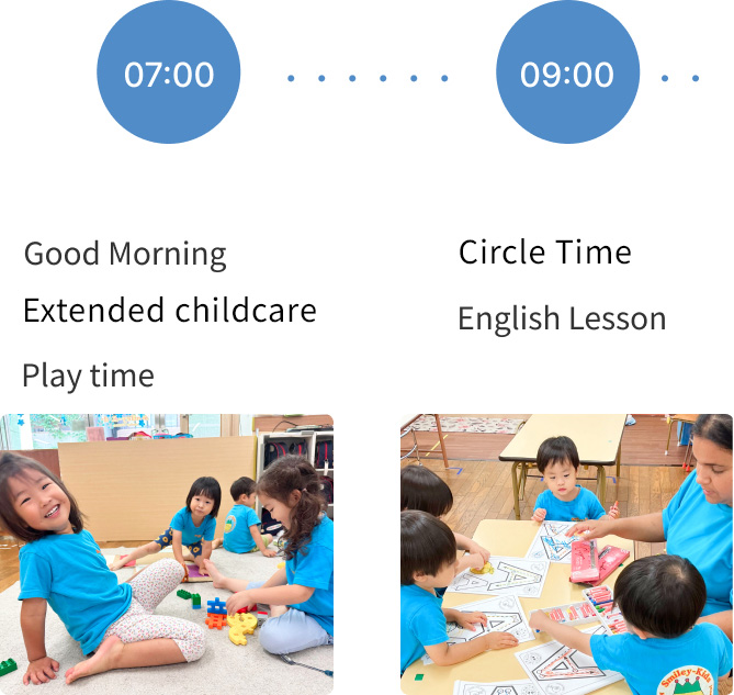 Morning activities at our nursery, including early childcare, circle time, and English lessons